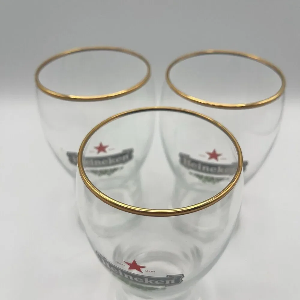 3 Heineken 300 ml Gold Rim Tulip Beer Glasses Holland Netherlands